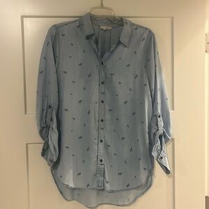 Jane and Delancey Blouse Boston Terrier Frenchie Dog Print Button Down Shirt M